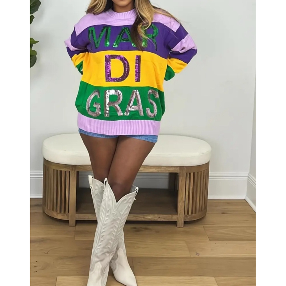 Mardi Gras Color block Sequin Lettering Sweater